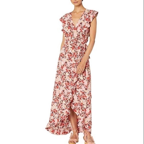 Wayf Sara Floral Ruffle Print Wrap Maxi Dress Pink Size XL. - Picture 1 of 10